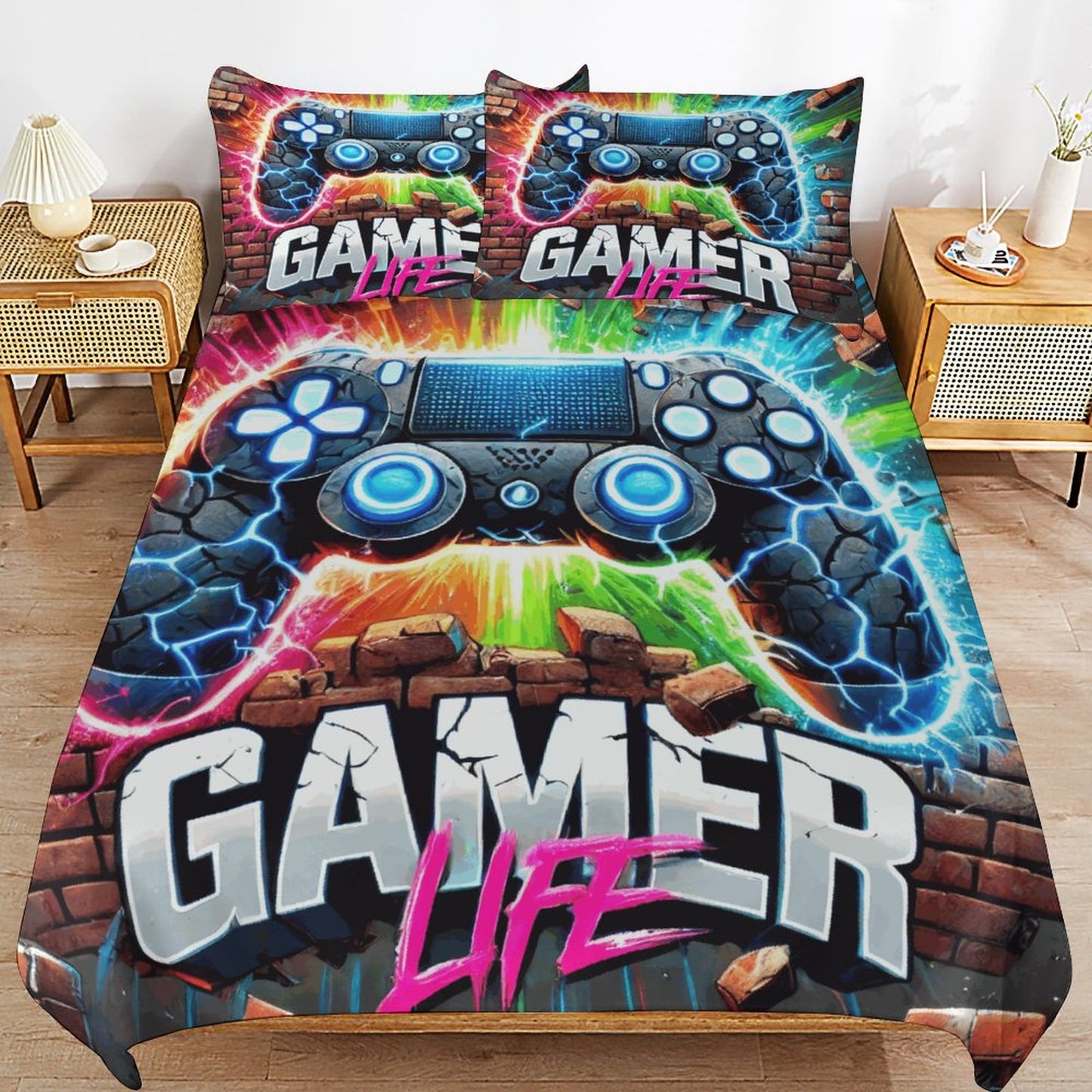 Gamer Life 3-Piece Bedding Set – 90"x90" Dual-Sided Print Comforter & Pillowcases | Video Game Themed Bedroom Decor Gift