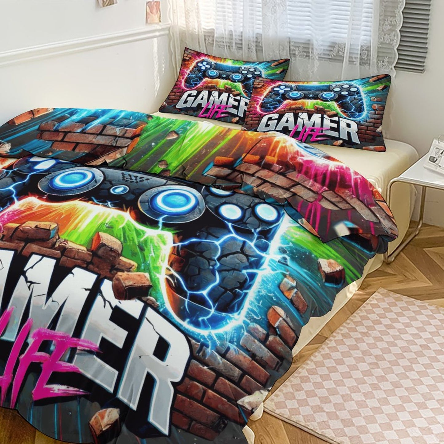 Gamer Life 3-Piece Bedding Set – 90"x90" Dual-Sided Print Comforter & Pillowcases | Video Game Themed Bedroom Decor Gift