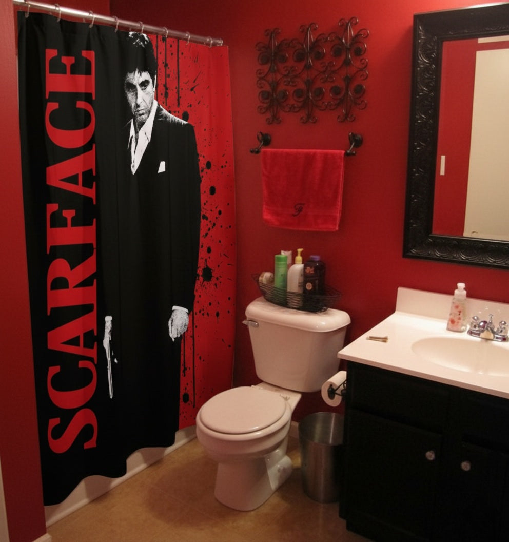 Scarface Black and Red Shower Curtain | Tony Montana Inspired Bathroom Decor | Mafia Movie Bathroom Set | Luxury Urban Home Decor