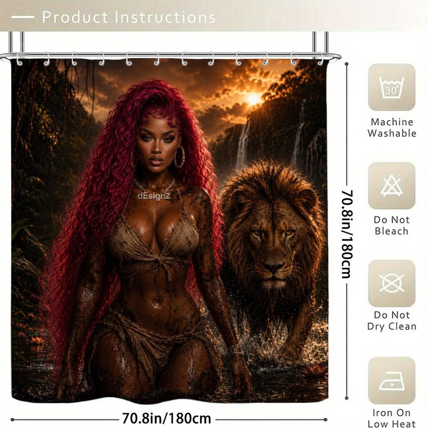 Jungle Queen Lion Shower Curtain, Black Woman Bathroom Decor, Pink Hair Goddess Art, Moody Jungle Bath Decor