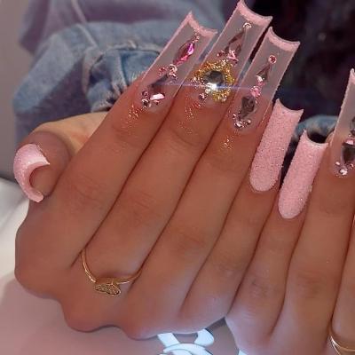 Luxury Pink Rhinestone Long Coffin Press-On Nails – 3D Crystal Bling Acrylic Nails | Glam Statement False Nails Set