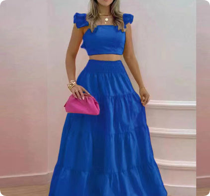 Women’s Solid Color Two Piece Dress – Mid Waist Big Swing Skirt & Top | Elegant Casual Chic Outfit for Women