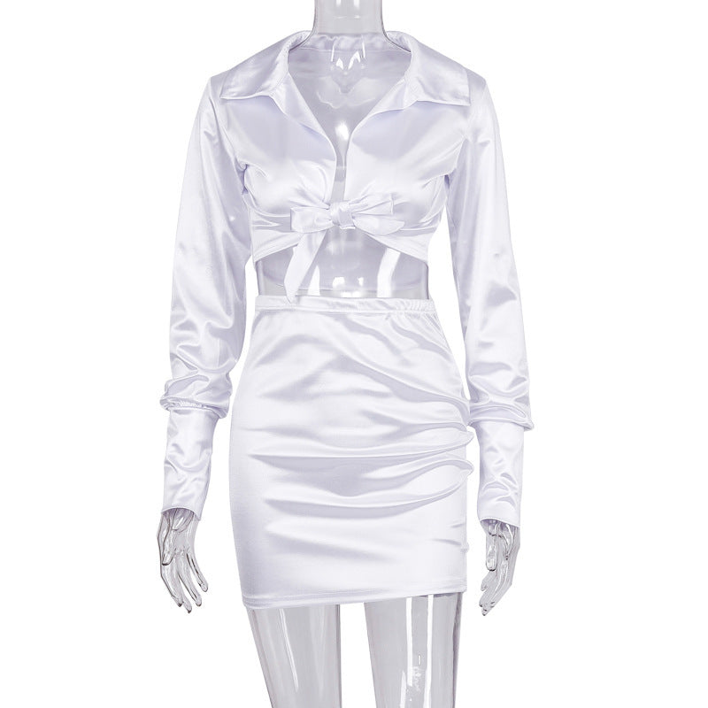 Chic Lapel Tie-In Deep V Long Sleeve Top & Skirt Set | Elegant Two-Piece Outfit for Women