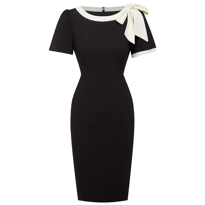 Chic Bow Accent Color-Block Slim Fit Dress – Women’s Crew Neck Short Sleeve Bodycon Mini | Modern Feminine Elegance