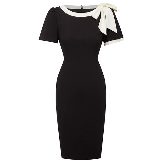 Chic Bow Accent Color-Block Slim Fit Dress – Women’s Crew Neck Short Sleeve Bodycon Mini | Modern Feminine Elegance