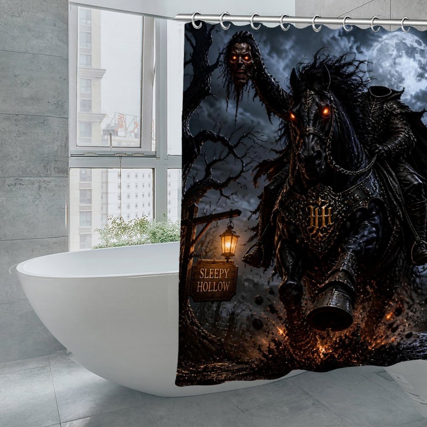 Headless Horseman Shower Curtain, Sleepy Hollow Gothic Bathroom Decor, Dark Fantasy Halloween Shower Curtain, Horror Bathroom Decor