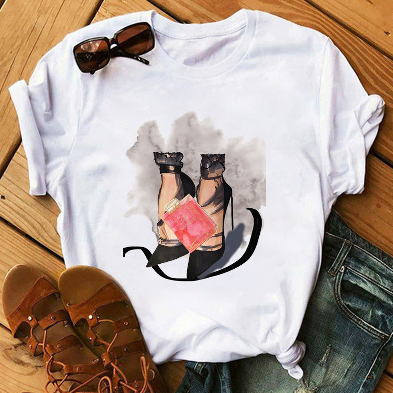 Women's High Heels Pattern Cute Loose Top T-shirt