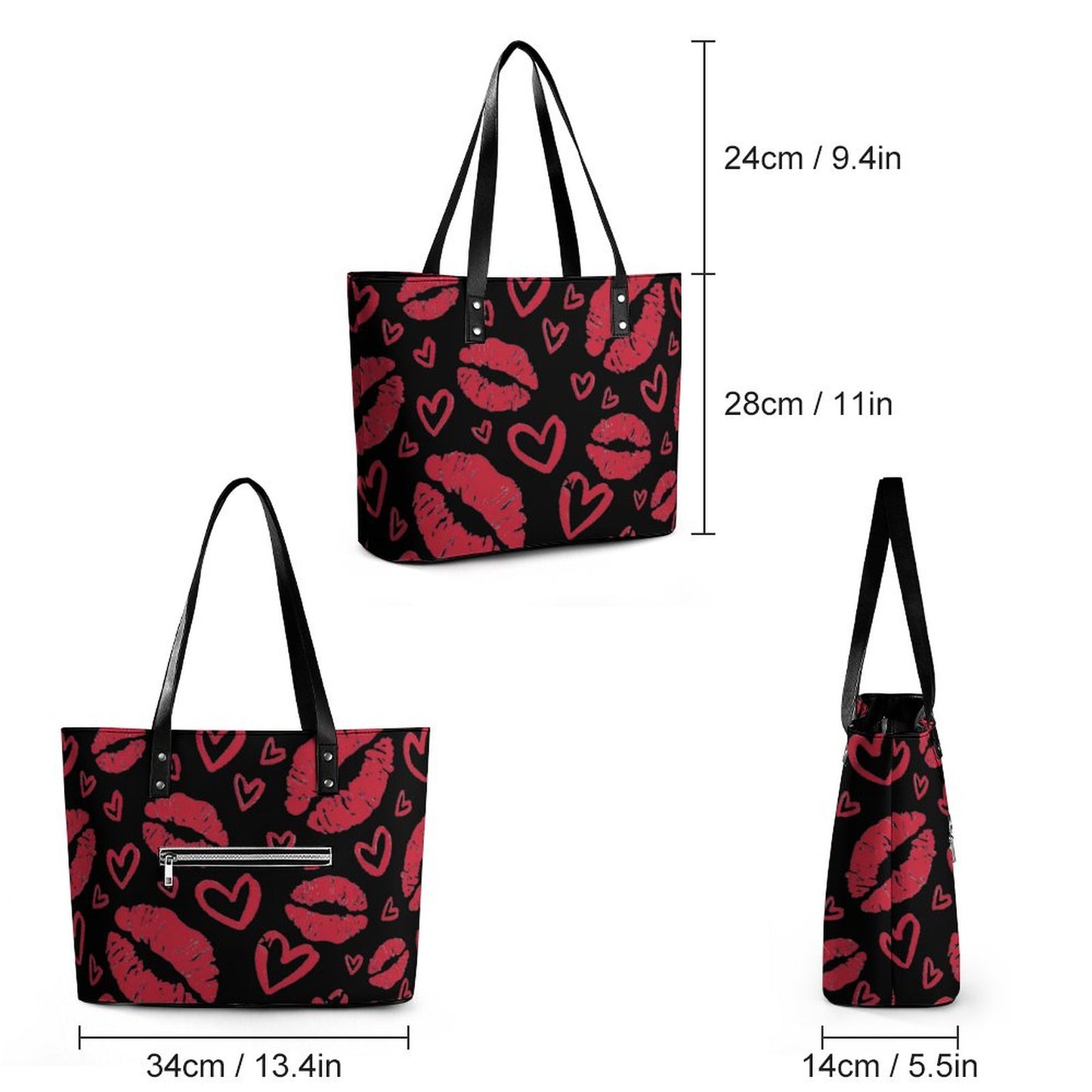 Chic & Bold: Women's Black Tote Bag with Kiss Lips and Hearts