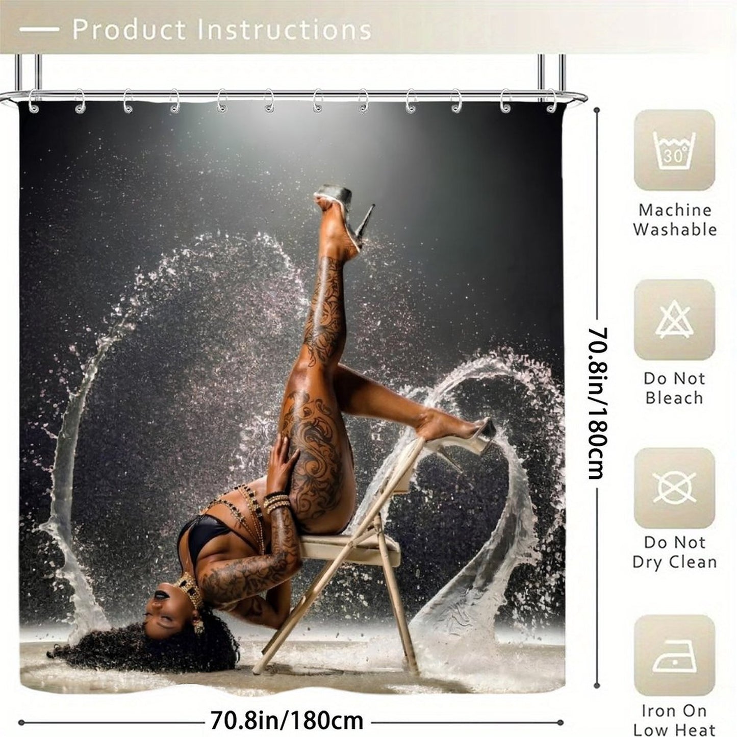 Luxury Black & Gold Tattoo Goddess Shower Curtain Set | Glam Bathroom Decor | Waterproof Modern Bathroom Curtain | Bold Sexy Spa Aesthetic