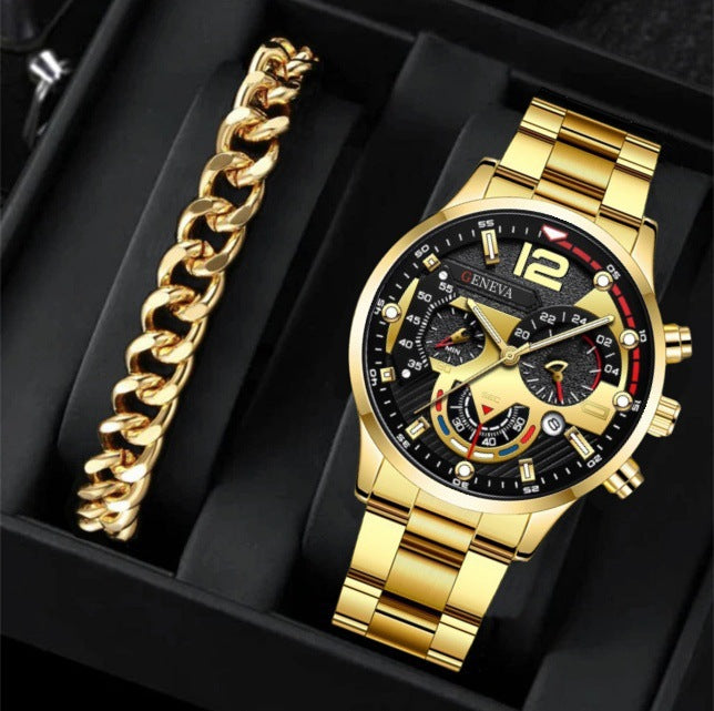2Pcs Men’s Luxury Steel Strip Quartz Watch & Bracelet Set – Fashion Business Three-Eye Wristwatch Set for Men | Modern Elegant Gift Set