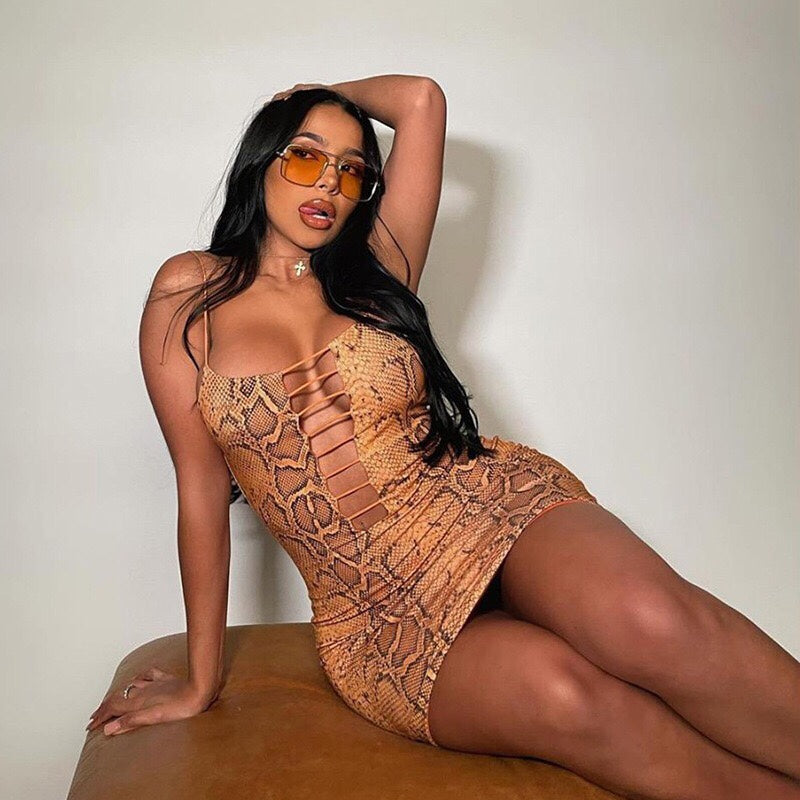 Snake Print Hollow-Out Slim Fit Bodycon Dress | Sexy Bag Hip Skirt Clubwear | Women’s High Waist Fashion Dress