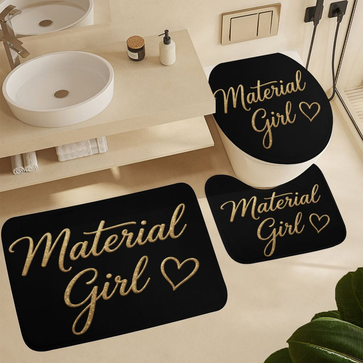 Material Girl Bathroom Mat Set, Black Gold Glam Bath Rugs, 3 Piece Toilet Mat Set, Luxury Bathroom Decor, Boss Lady Bath Set