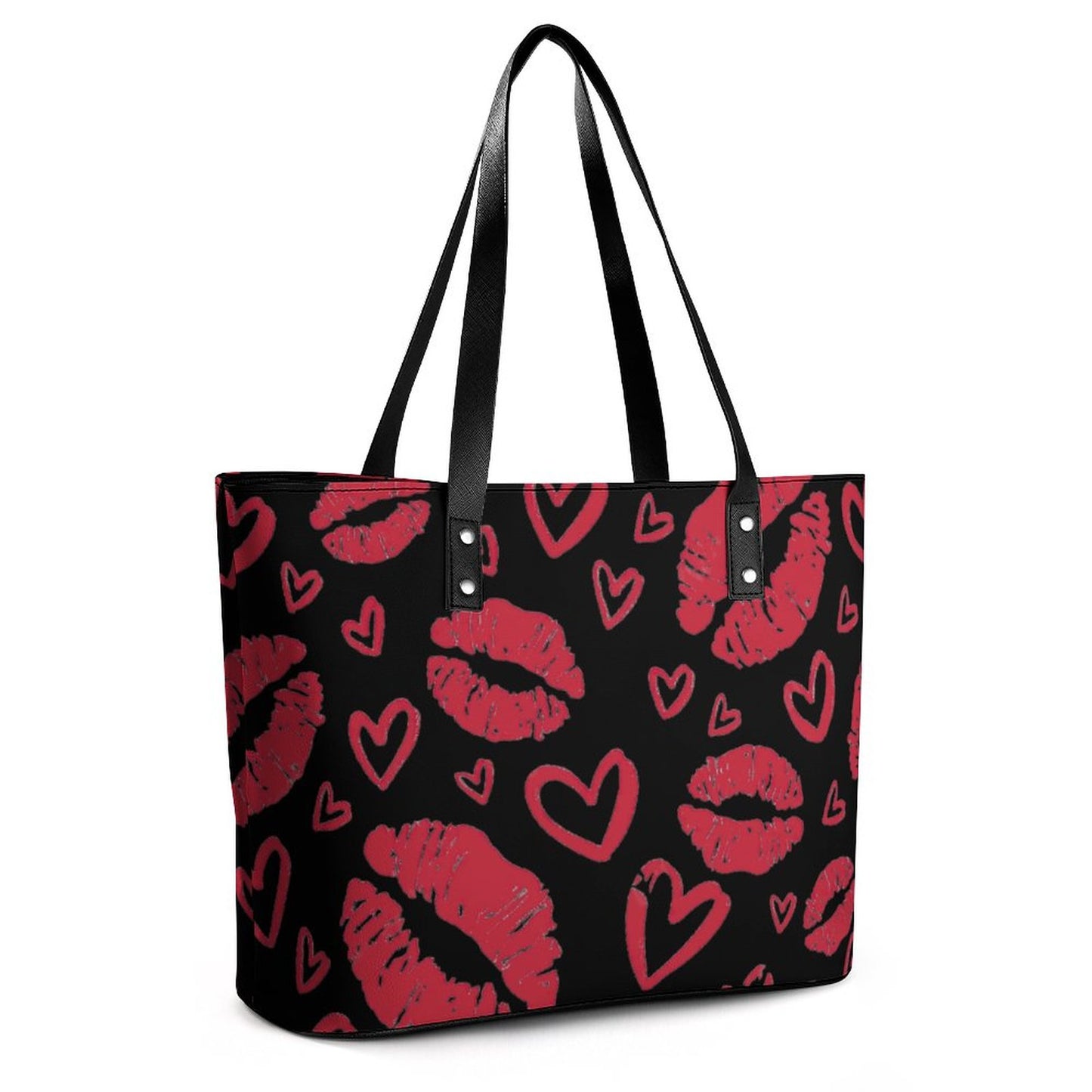 Chic & Bold: Women's Black Tote Bag with Kiss Lips and Hearts