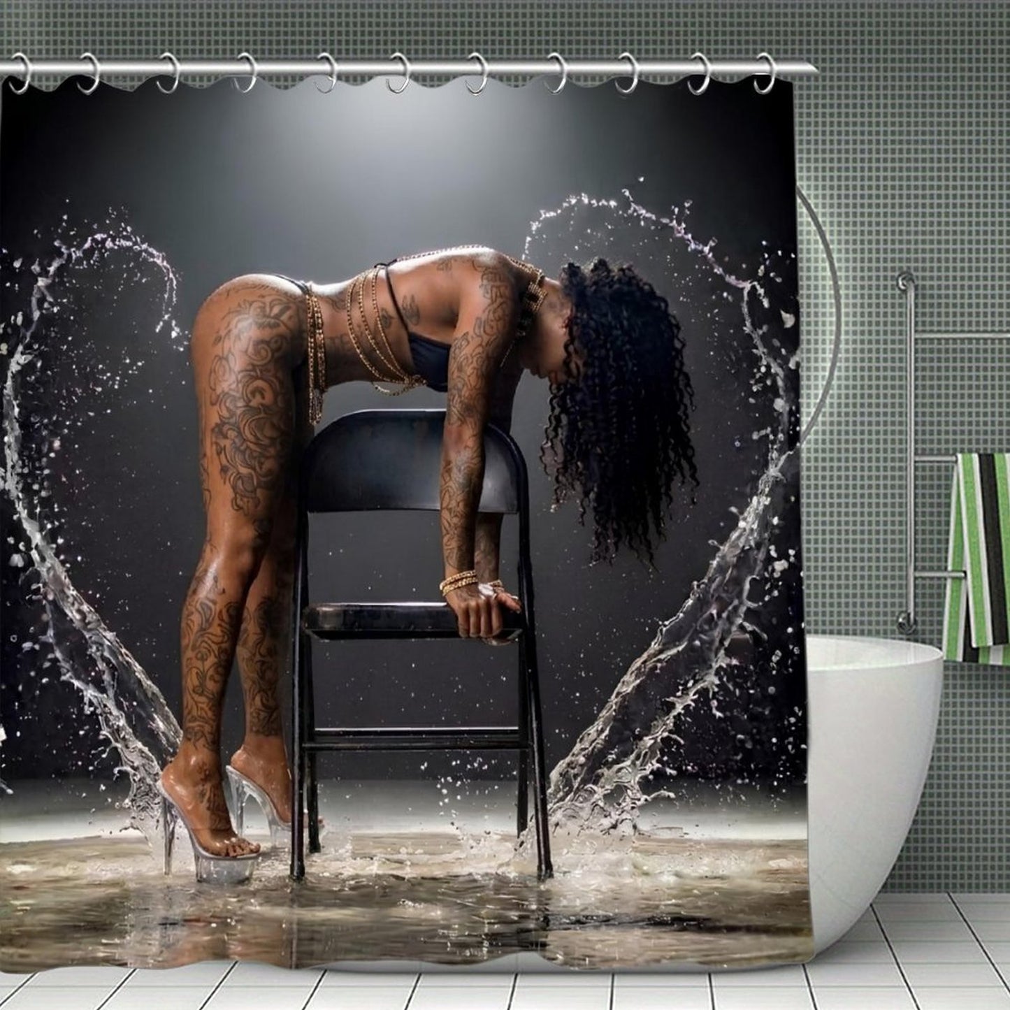Dark Artistic Water Goddess Shower Curtain – Bold Tattooed Woman Aesthetic Bathroom Decor, Modern Luxury Gothic Home Decor