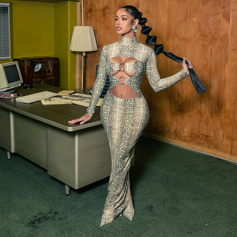 Sexy Hollow-Out Bodycon Maxi Dress for Women – Figure-Hugging Long Sleeve Printed Dress | Elegant Clubwear, Date Night Outfit, Slim Fit Streetwear Fashion