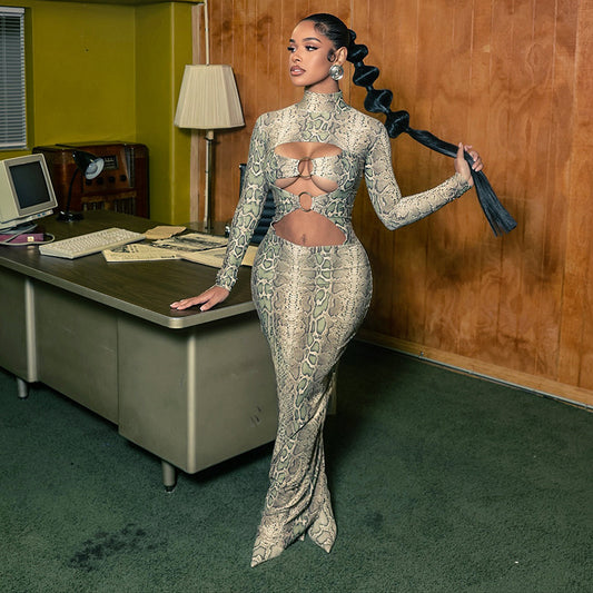 Sexy Hollow-Out Bodycon Maxi Dress for Women – Figure-Hugging Long Sleeve Printed Dress | Elegant Clubwear, Date Night Outfit, Slim Fit Streetwear Fashion