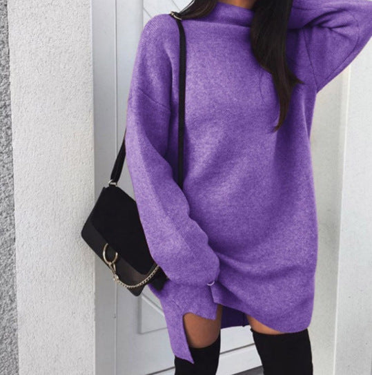 Casual Loose Knit High Neck Split Women Sweater Dress