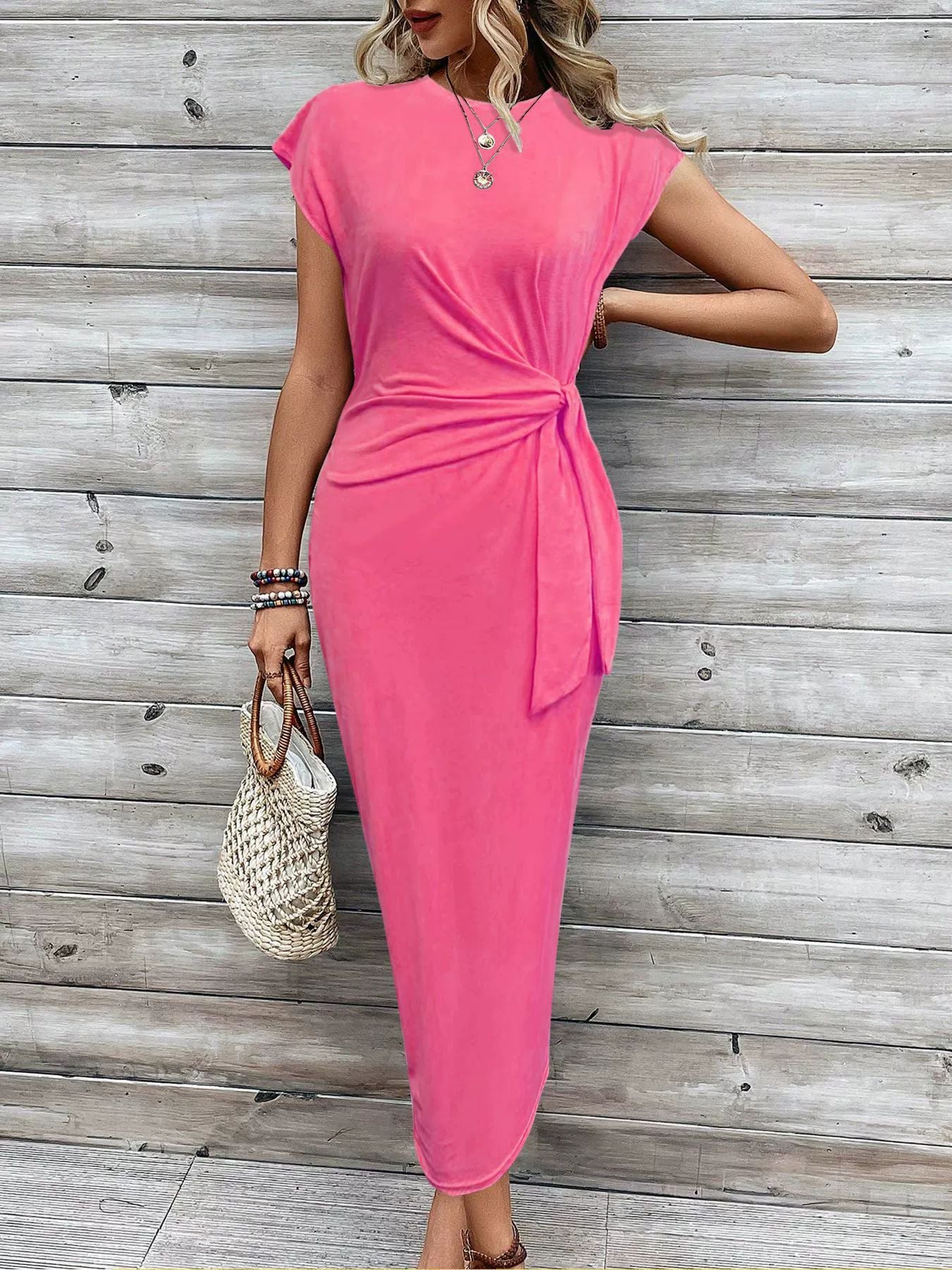 Elegant Striped Waist Strap Two-Piece Dress Set – Round Neck Short Sleeve & Long Skirt for Women