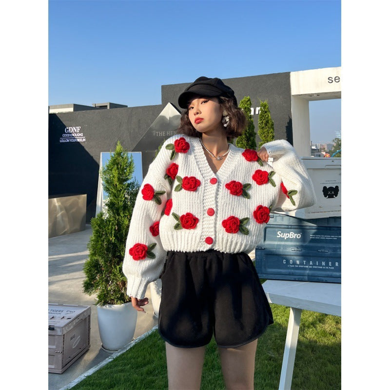 New Knitting Needle Sweater Thick Knitted Cardigan Three-dimensional Rose Flower Sweet Coat For Women