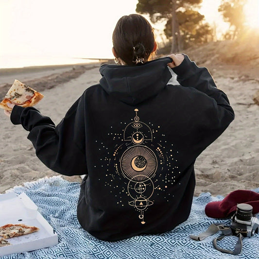 Moon Print Casual Hooded Sweatshirt - Cozy Celestial Style