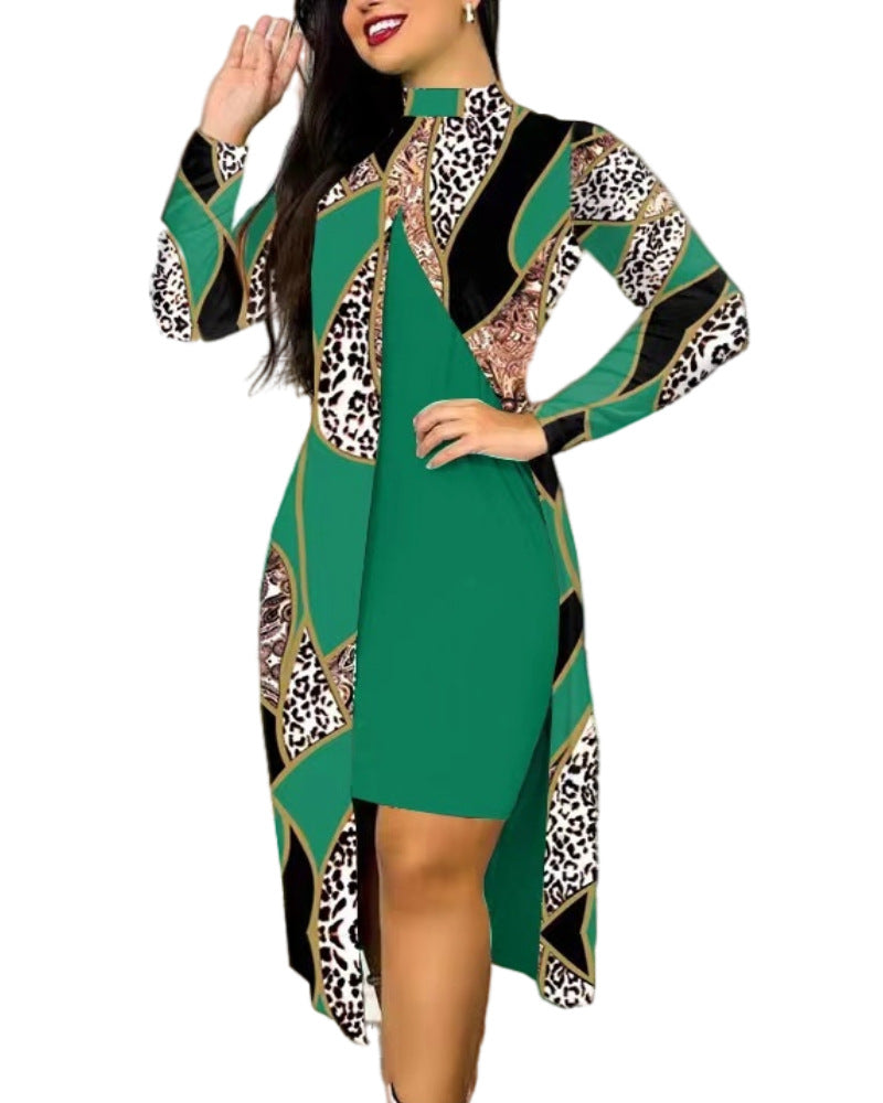 Two-piece Long Sleeve Printed Turtleneck Suit Women