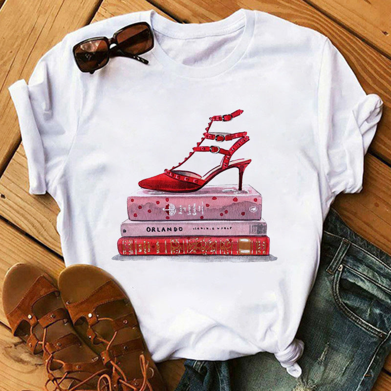 Women's High Heels Pattern Cute Loose Top T-shirt