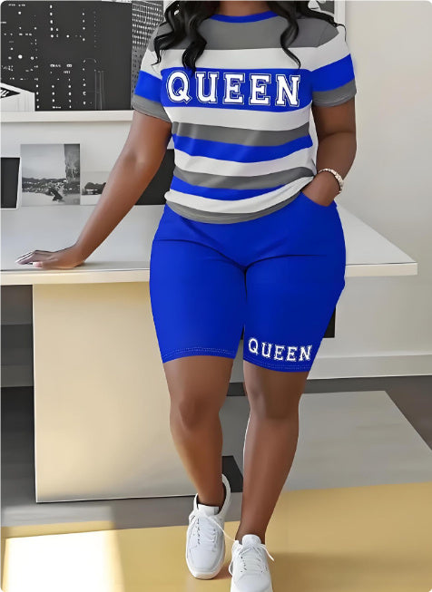 Women's Queen T-Shirt and Striped Letter 3D Printed Shorts Set – Summer 2-Piece Matching Outfit Loungewear
