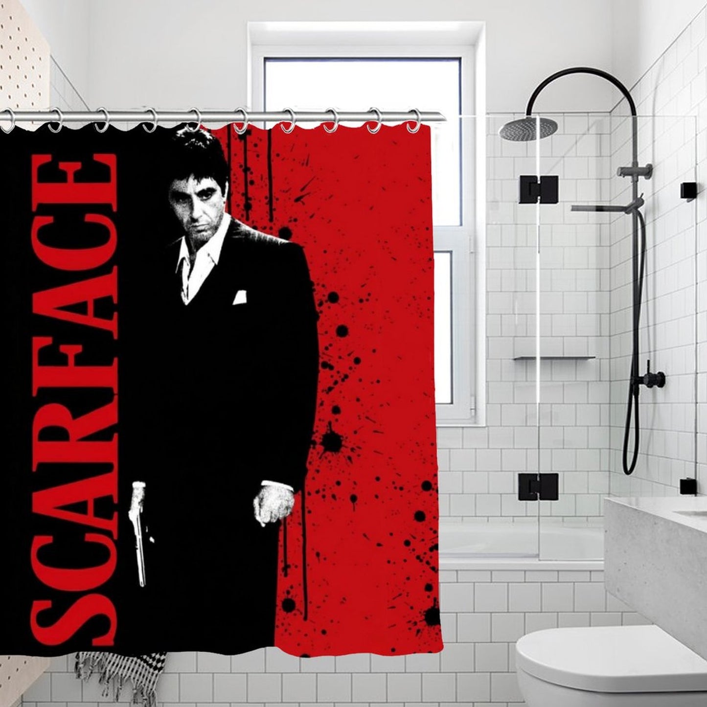 Scarface Black and Red Shower Curtain | Tony Montana Inspired Bathroom Decor | Mafia Movie Bathroom Set | Luxury Urban Home Decor