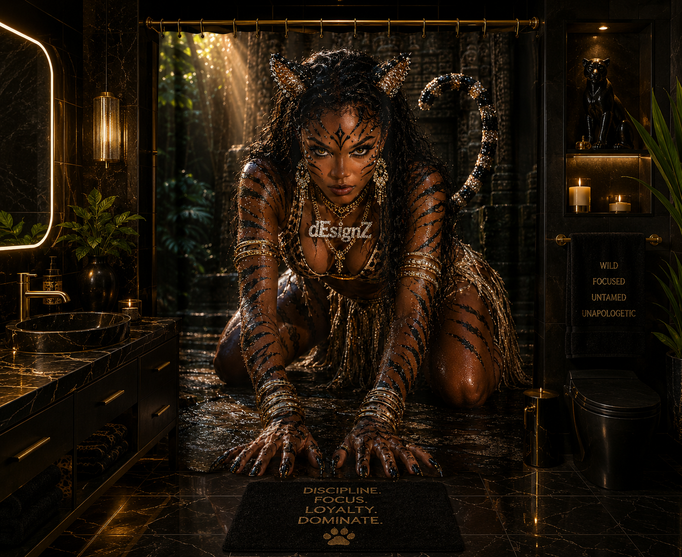 Tiger Queen Luxury Shower Curtain – Modern Black & Gold Jungle Glam Bathroom Decor | Fierce Tribal Goddess Bath Curtain