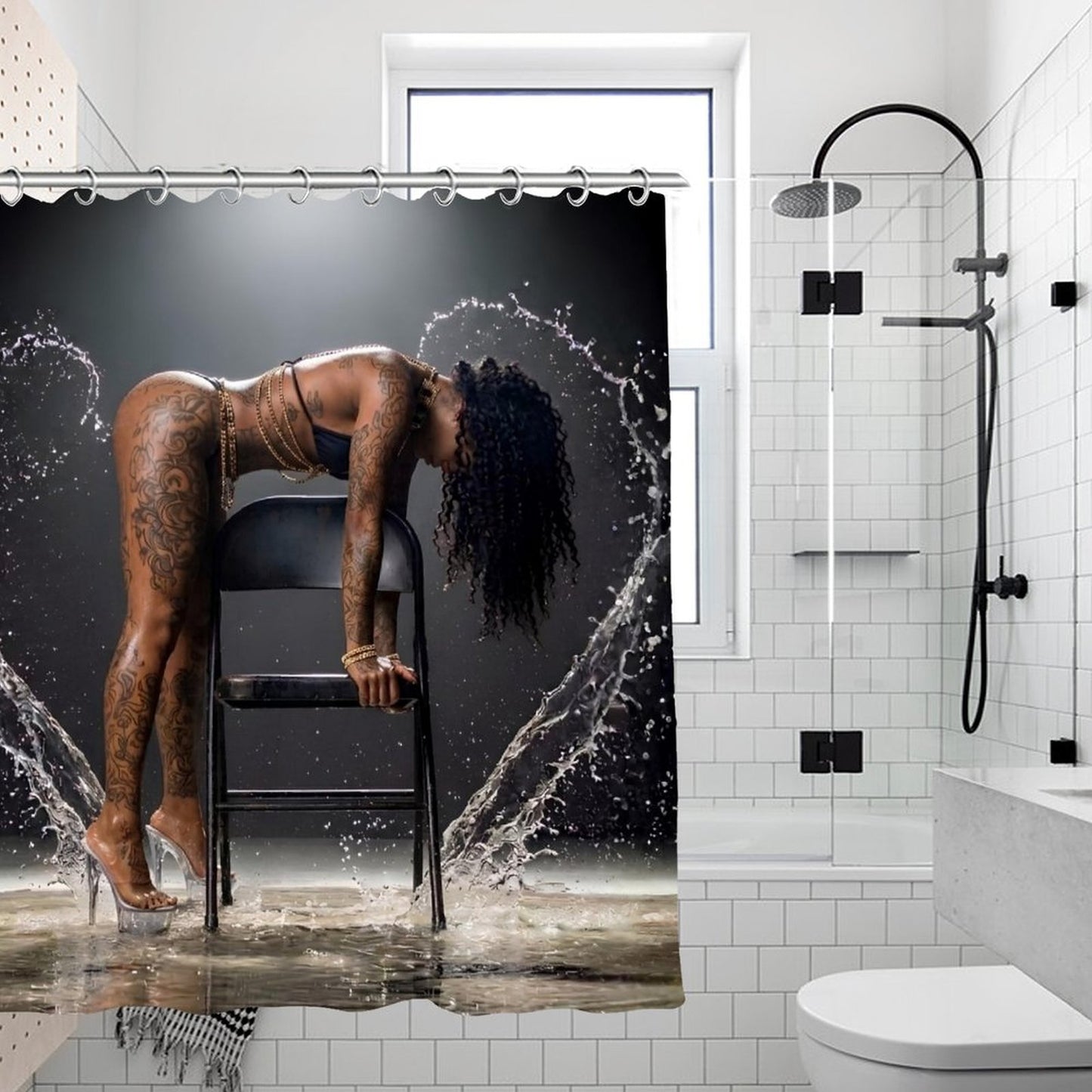 Dark Artistic Water Goddess Shower Curtain – Bold Tattooed Woman Aesthetic Bathroom Decor, Modern Luxury Gothic Home Decor