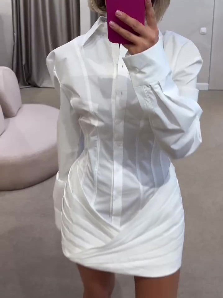 White Pleated Long Sleeve Shirt Dress – Elegant Button-Down Belted Midi Dress for Women