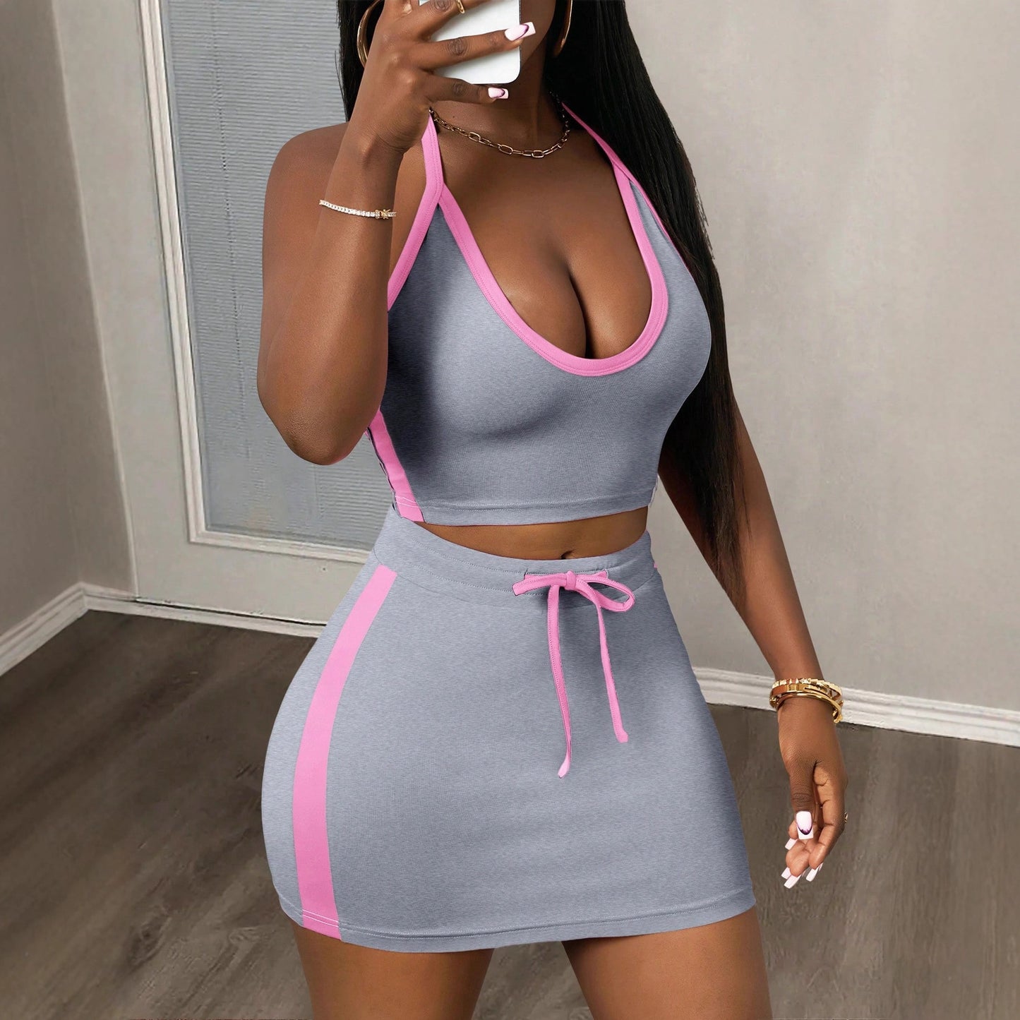 Women’s Halter Neck Lace-Up Backless Tank Top and Sheath Midi Skirt Set | Sexy Summer Two Piece Outfit | Elegant Bodycon Matching Set