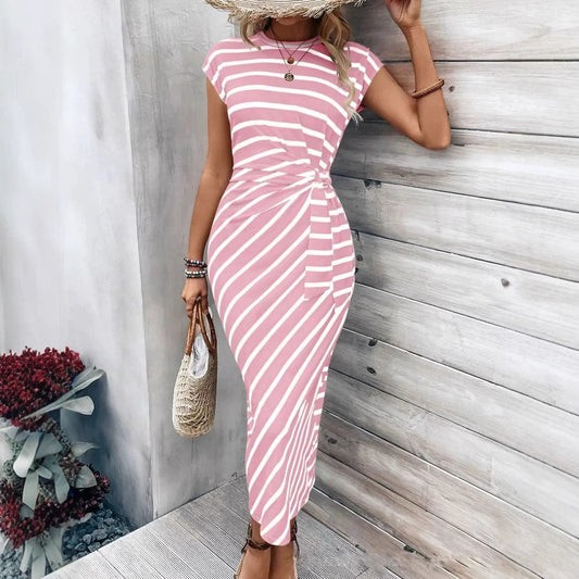 Elegant Striped Waist Strap Two-Piece Dress Set – Round Neck Short Sleeve & Long Skirt for Women