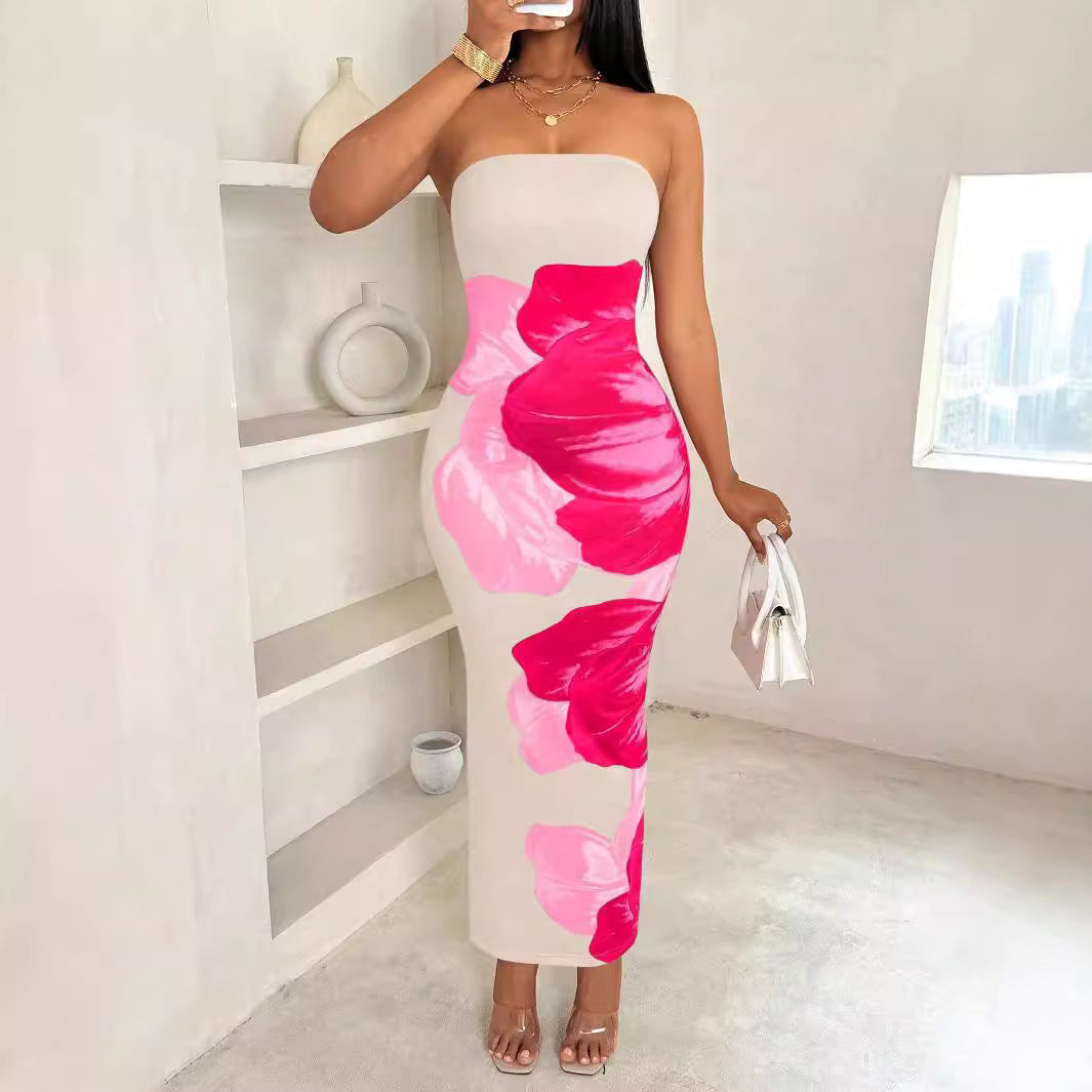 Women's Slim-Fit Floral Print Dress with Bold Contrast Colors – Elegant & Eye-Catching