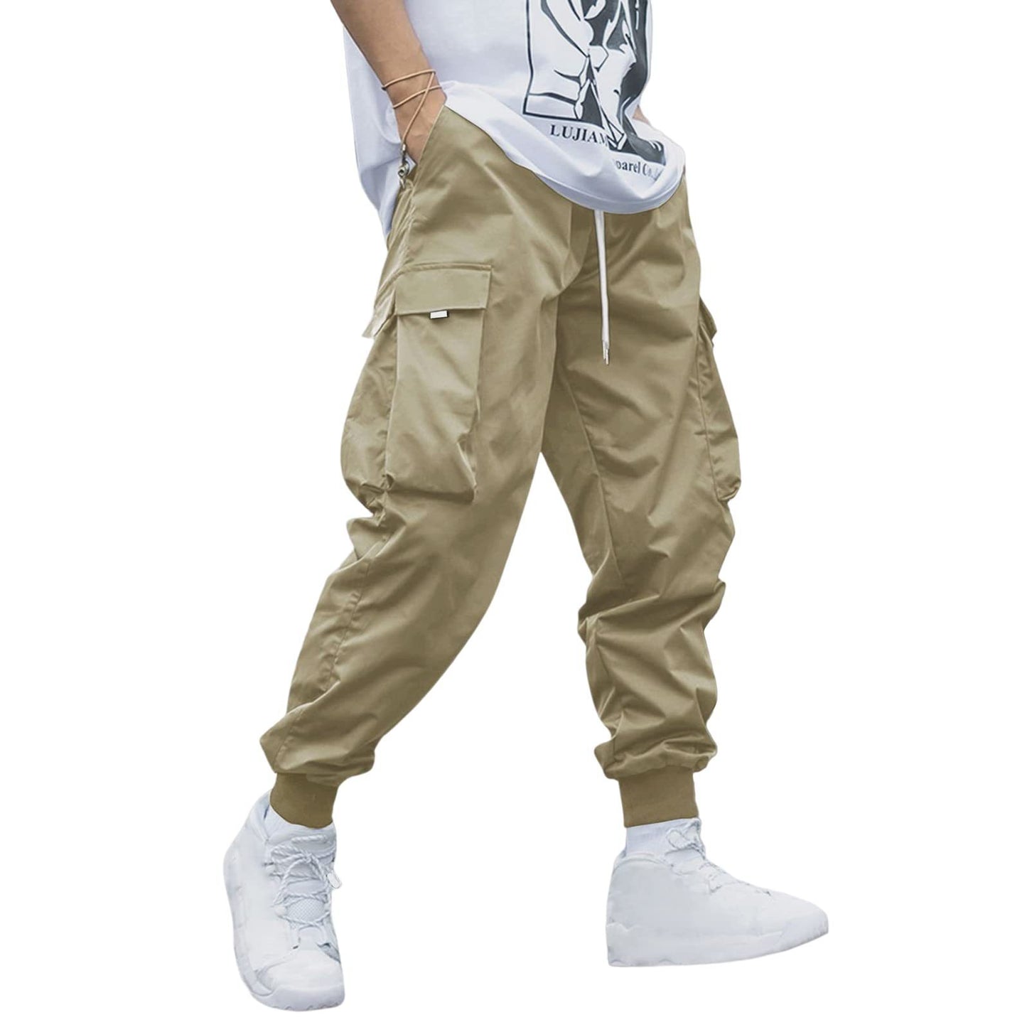 Men's Flip Pocket Drawstring Technology Cargo Pants Sports Elastic Jogging Casual Pants