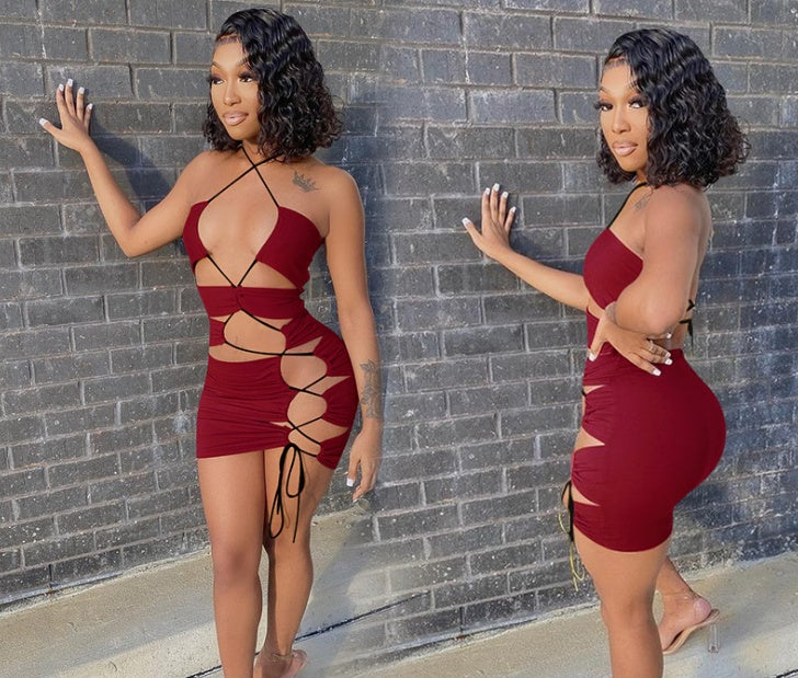 Women's Irregular Drawstring Slim Fitted Dress – Sexy Bodycon Streetwear Dress, Adjustable Ruched Dress, Trendy Summer Night Out Outfit for Women