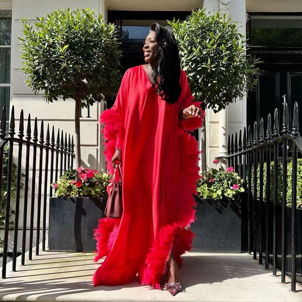 Fully Luxury Feather Batwing Sleeve High-Slit Robe Dress for Women | Elegant Glam Statement Gown