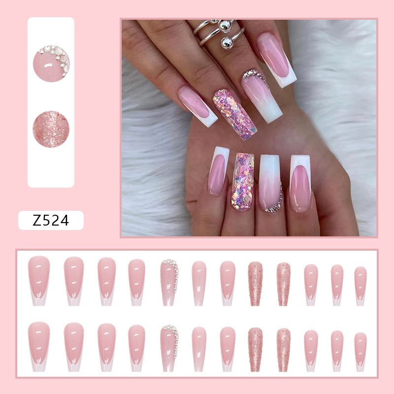 Women's Fashion Simple French Gradient Length Pile Rhinestone Fake Nails