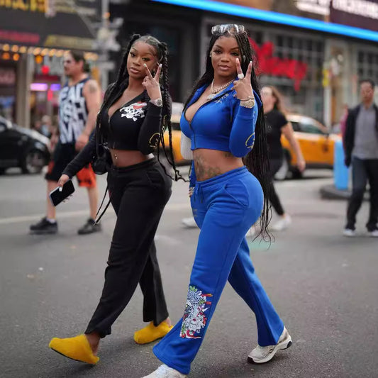 Women’s Casual Streetwear Printed 2-Piece Set – Multicolor Tracksuit | Trendy Graphic Top & Matching Pants | Comfortable Everyday Outfit