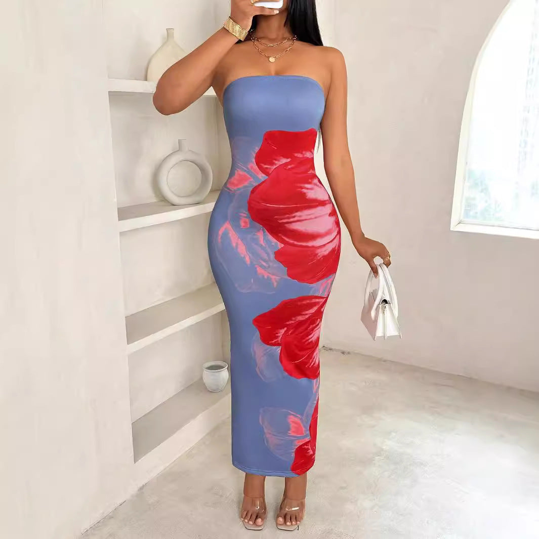 Women's Slim-Fit Floral Print Dress with Bold Contrast Colors – Elegant & Eye-Catching