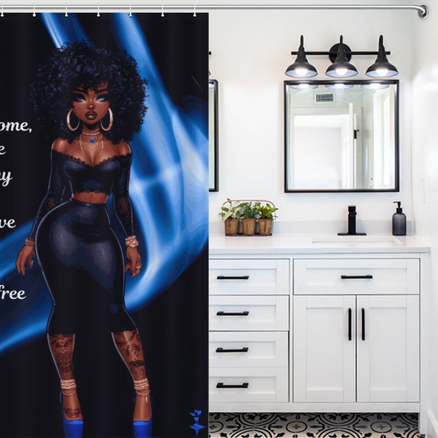 Melanin Doll House Affirmation Shower Curtain/ Master Bathroom/ Black and Blue Guest Bathroom