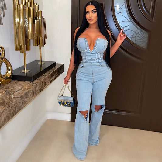 Women’s V-Neck Denim Jumpsuit with Distressed Holes & Zip Pockets | Sexy Streetwear One-Piece Outfit | Casual Chic Denim Romper for Women