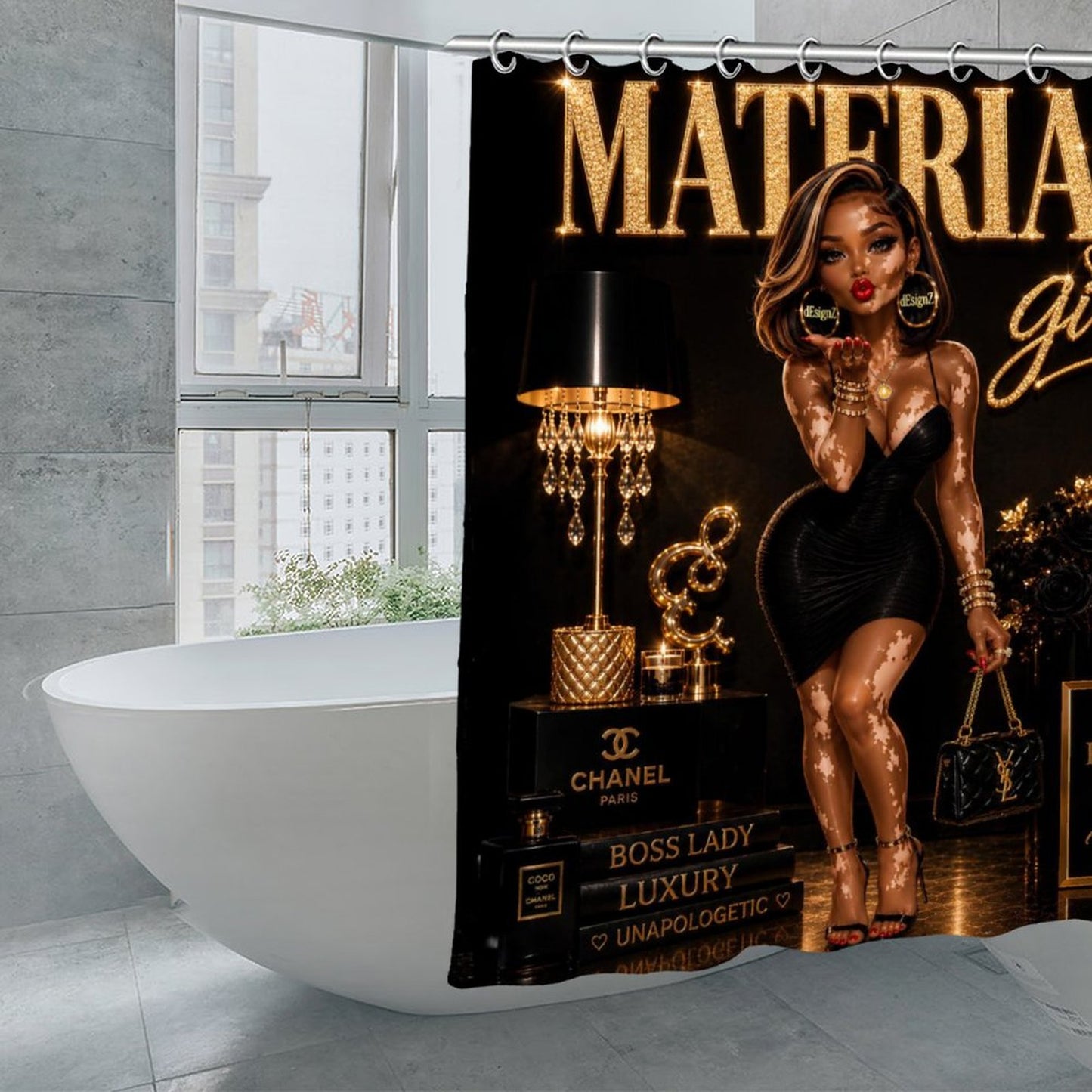 Material Girl Luxury Waterproof Shower Curtain | Black & Gold Glam Bathroom Decor | Fashion-Inspired Vitiligo Beauty Bath Curtain | Modern Chic Bathroom Accent