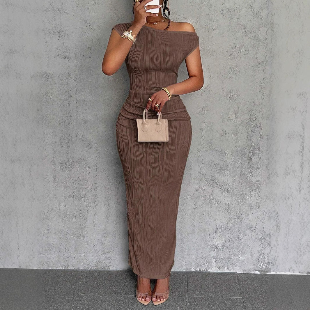 Water Ripple Sloping Shoulder Dress – Elegant One-Shoulder Summer Party Dress