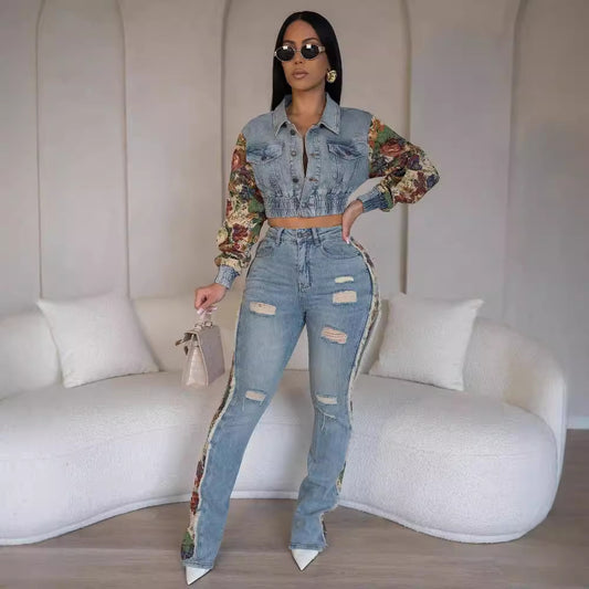 Floral Patchwork Denim Two-Piece Set | Cropped Jean Jacket & High-Waist Distressed Jeans | Trendy Women’s Statement Outfit