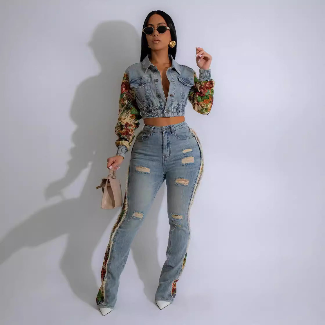 Floral Patchwork Denim Two-Piece Set | Cropped Jean Jacket & High-Waist Distressed Jeans | Trendy Women’s Statement Outfit