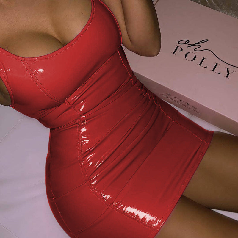 Sexy Solid Color Leather Sling Dress for Women – Bodycon Party Dress, Tight Hip Skirt, Clubwear