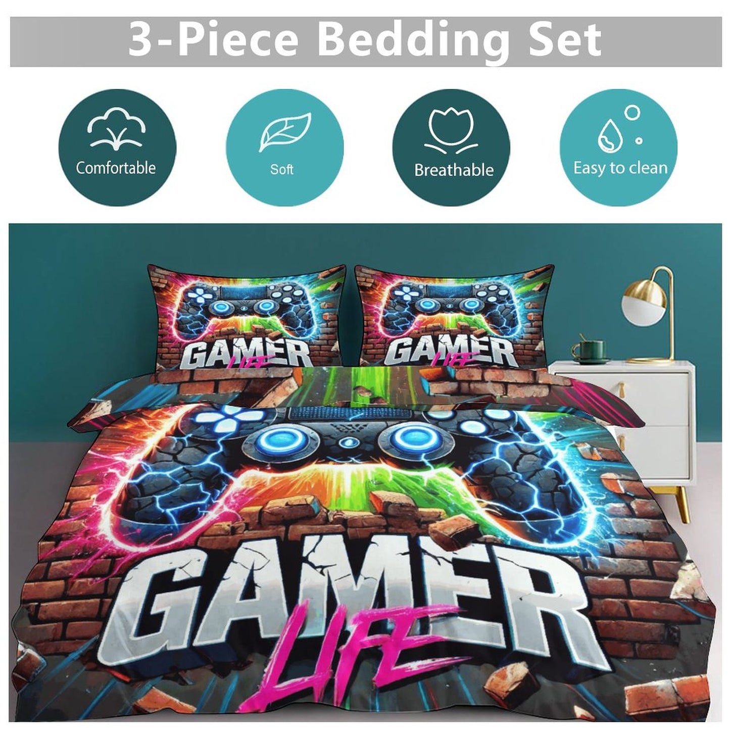 Gamer Life 3-Piece Bedding Set – 90"x90" Dual-Sided Print Comforter & Pillowcases | Video Game Themed Bedroom Decor Gift