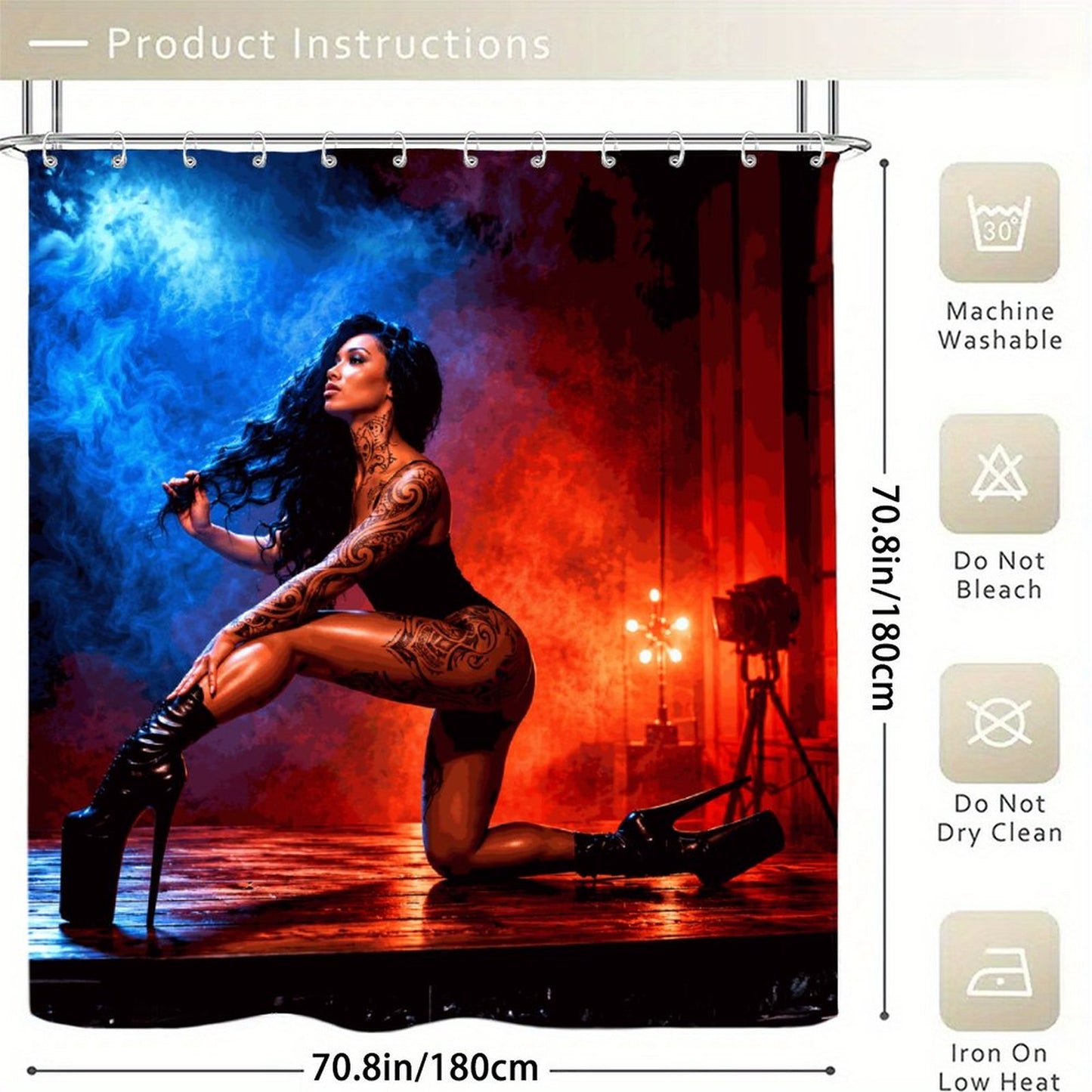 Luxury Tattooed Beauty Waterproof Shower Curtain | Romantic Gothic Bathroom Decor | Moody Red & Blue Glam Bath Curtain | Sexy Modern Bathroom Art