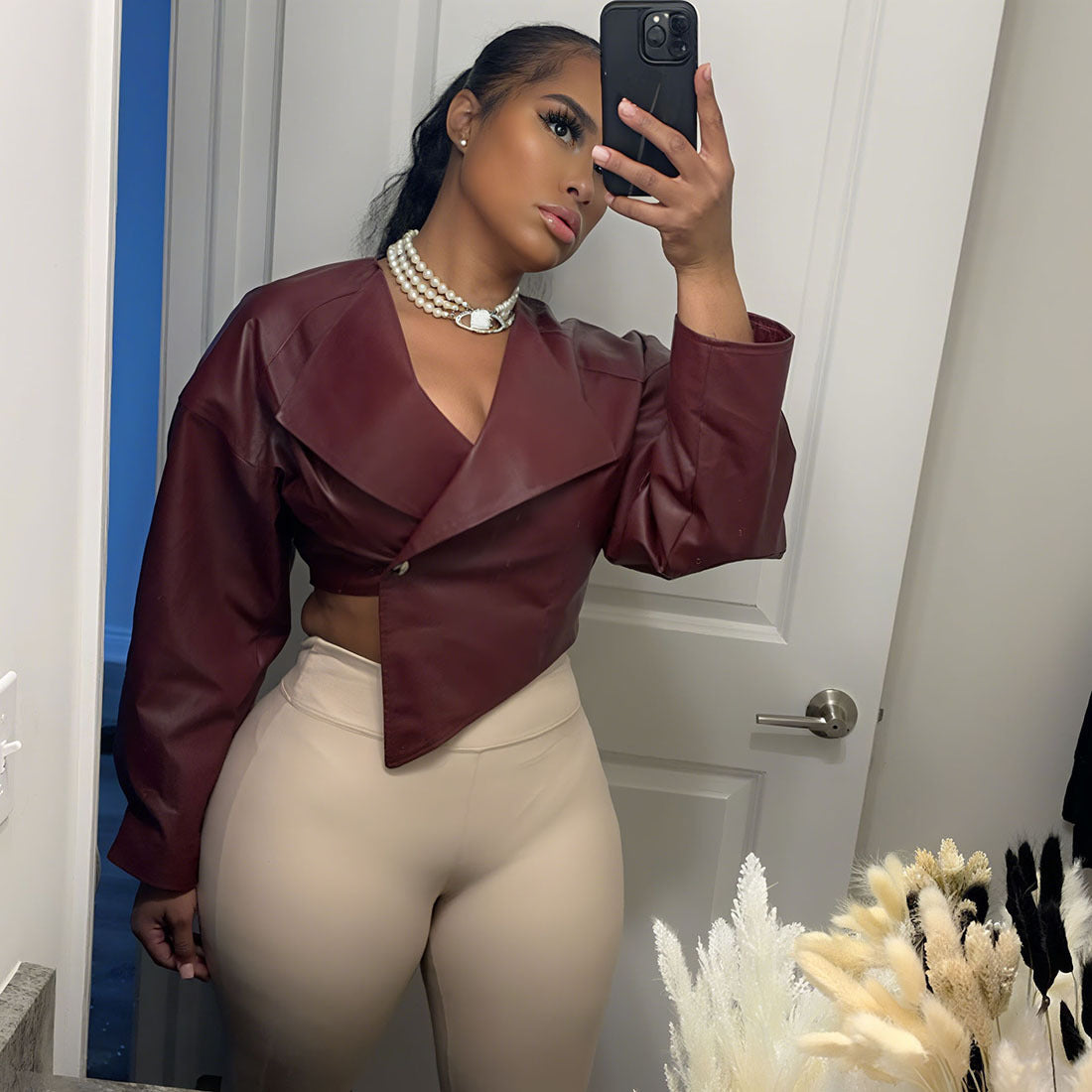 Chic Leather Solid Color Casual Coat for Women – Stylish Fall Outerwear | Elegant Faux Leather Jacket | Streetwear Fashion 2025